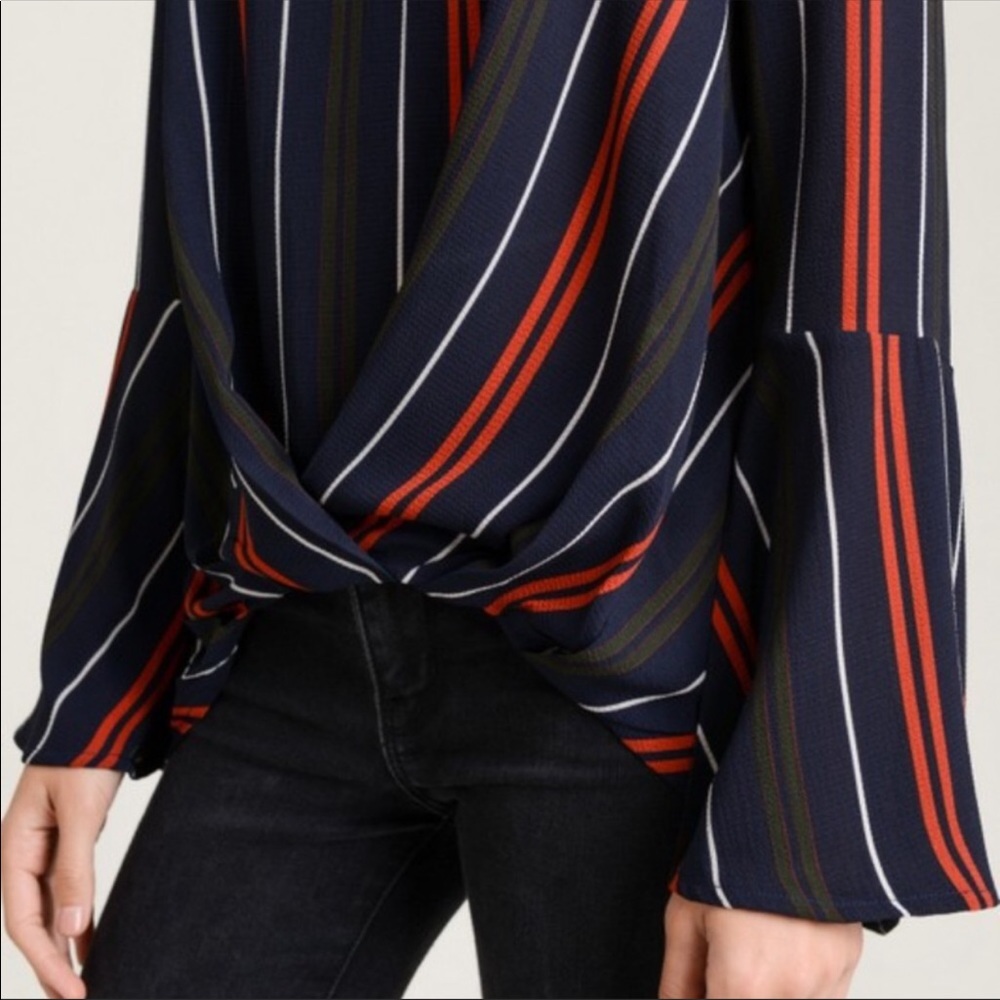 JODIFL BELL SLEEVE STRIPED TOP HIGH LOW HEM BLUE RED WHITE SIZE LARGE NEW - Picture 6 of 15